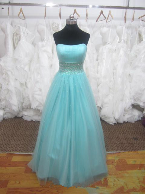 Light Blue Strapless Tulle Long Prom Dress With Beading And Lace-up Corset Bodice