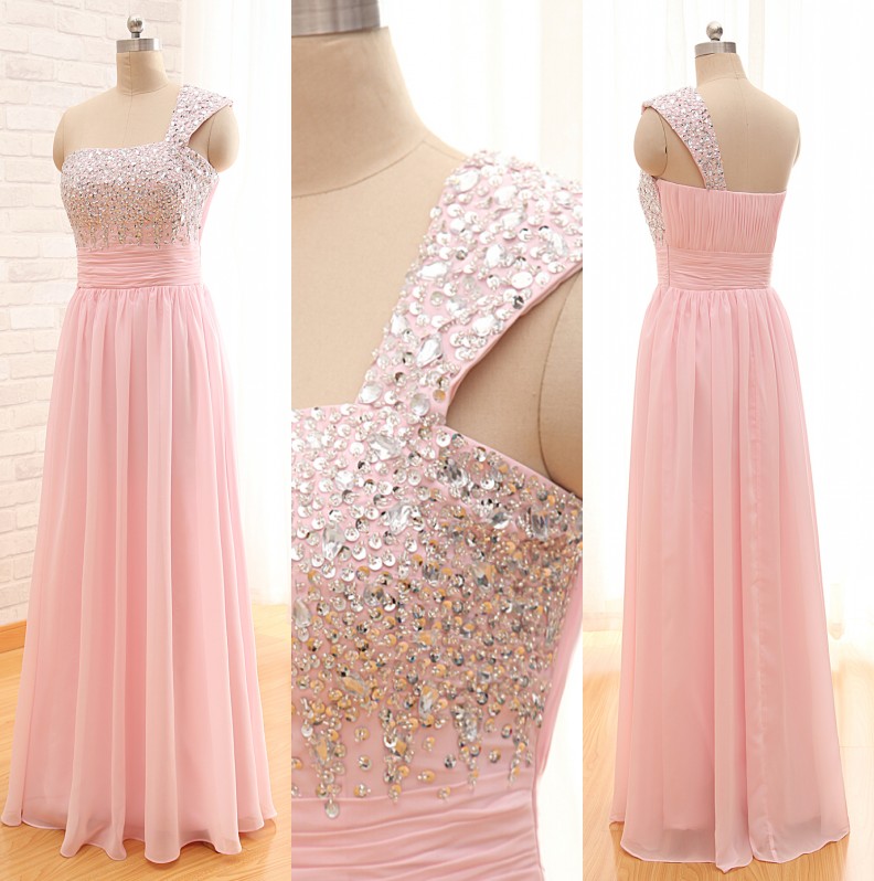 2016 Long Chiffon Prom Dresses,one Shoulder Bridesmaid Dresses,sequined Beaded Evening Dresses,backless Party Dresses