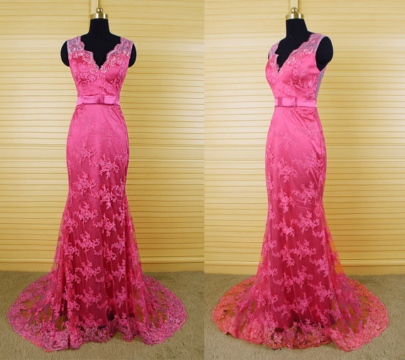 Pink Prom Dresses,v Neckline Prom Dress,sexy Prom Dress,lace Prom Dresses, Formal Gown,lace Evening Gowns,backless Party Dress,open Back Prom