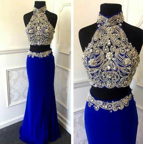 Royal Blue Prom Dresses,2 Piece Prom Gowns,2 Pieces Prom Dresses,sexy Party Dresses,long Prom Gown,chiffon Prom Dress,beaded Evening
