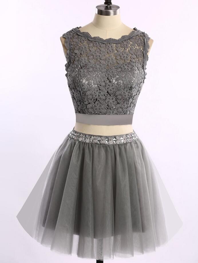 Homecoming Dresses, 2 Pieces Homecoming Dress, Grey Lace Homecoming Dress, Short Homecoming Dresses, 2016 Homecoming Dress, Short Prom Dresses,