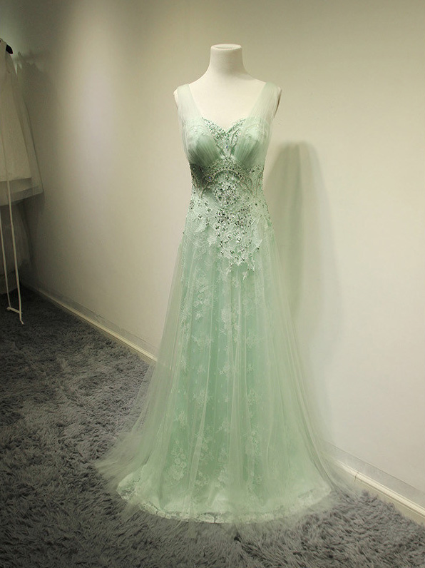 Mint Beading Lace Prom Dresses,long Party Dresses,classy Prom Gowns,hnadmade Evening Gowns,prom Dress