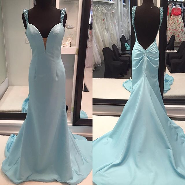 Simple Light Sky Blue Prom Dresses,high Quality Mermaid Prom Gowns,charming Backless Evening Gowns