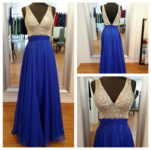 Classy V-neck Long Chiffon Prom Dresses,mhandmade Royal Blue Prom Gowns, Formal Party Gowns