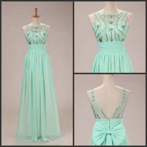 Cap Sleeves High Low Chiffon Prom Dresses,mint Green Long Prom Dress With Bow,charming Prom Gowns