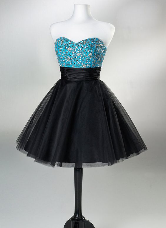 Strapless Homecoming Dress,black Skirt With Blue Silver Beads Homecoming Dress For Teens