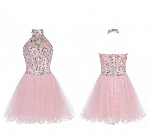 Pretty Pink Halter Beading Homecoming Dresses For Teens,real Made Cute Graduation Dresses, Cocktail Dresses