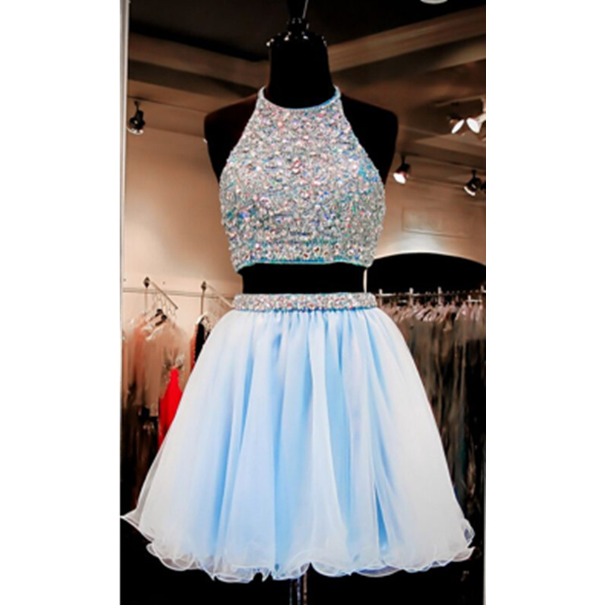 Beautiful Short Prom Dresses,light Sky Blue Homecoming Dresses,two Pieces Cocktail Dresses,backless Graduation Dresses For Teens