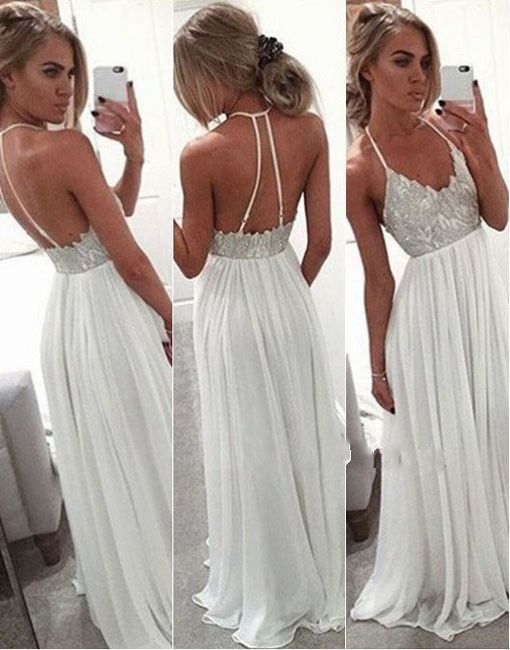 Simple Lace Beading Long Prom Dresses, Halter Prom Dress,spaghetti Straps Party Dresses,white Prom Gowns