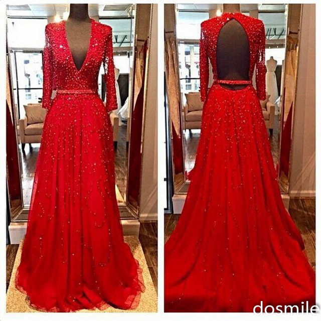 Design Elegant Red Long Sleeves Evening Dresses, 2016 Beads Sequins V-neck Open Backless Crystal Party Prom Gowns