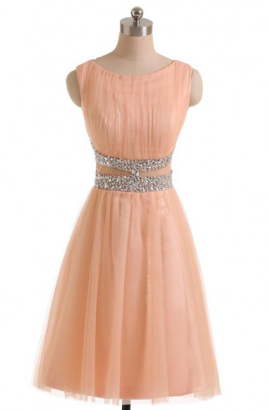 Simple A-line Jewel Peach Tulle Homecoming Dress With Beads on Luulla