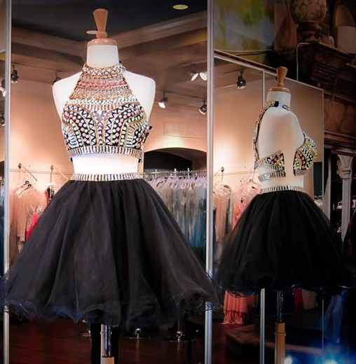 Black Homecoming Dress,2 Piece Homecoming Dresses,black Beading Homecoming Gowns,short Prom Gown,2 Pieces Cocktail Dress,two Pieces Parties Gowns