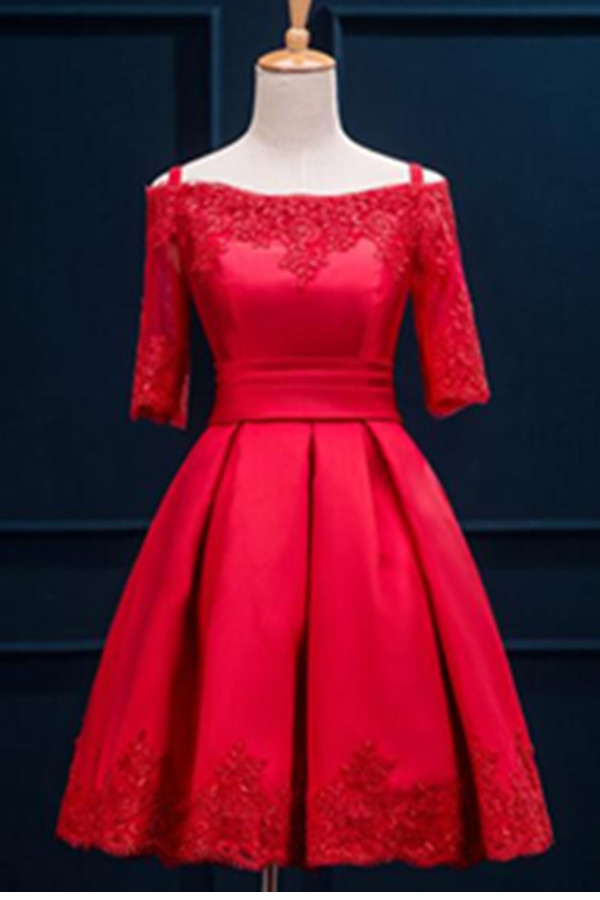 Homecoming Dresses,half Sleeves Lace Light Red Satin Lace Up Cocktail Dresses,modest Homecoming Dresses,short Prom Dresses,party Dresses