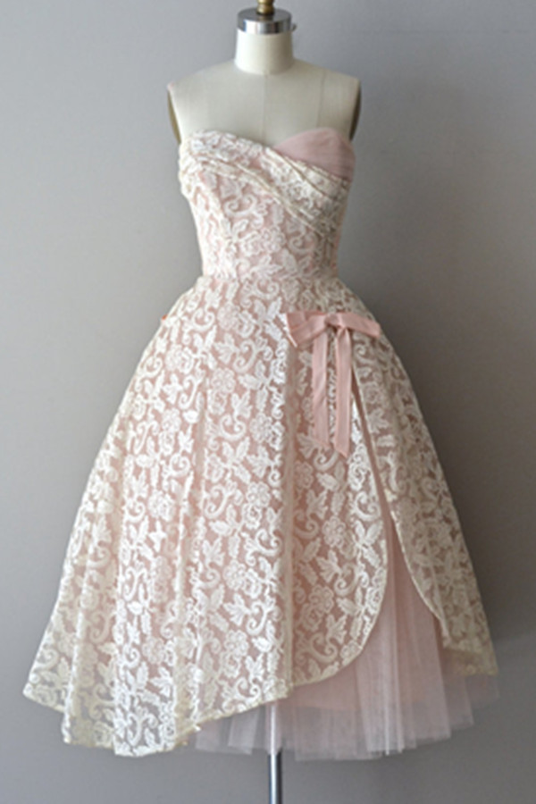 Homecoming Dresses,vintage Simple Lace Tulle Pink Handmade Strapless Homecoming Dresses With Bow