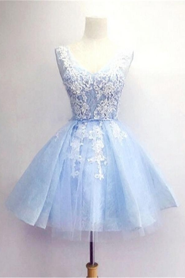 Homecoming Dresses,light Blue Short Prom Dresses,v-neck Lace Homecoming ...