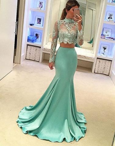 Evening Dresses, Prom Dresses, Prom Dress,2017 Light Green Two Pieces Long Prom Dress, Mermaid Lace Long Sleeve Evening Dresses,formal Dresses
