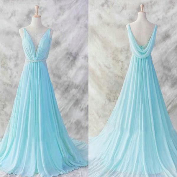 Evening Dresses, Prom Dresses, Prom Dress,light Blue Chiffon Long Prom Dresses,elegant A-line V-neck Chiffon Prom Dresses