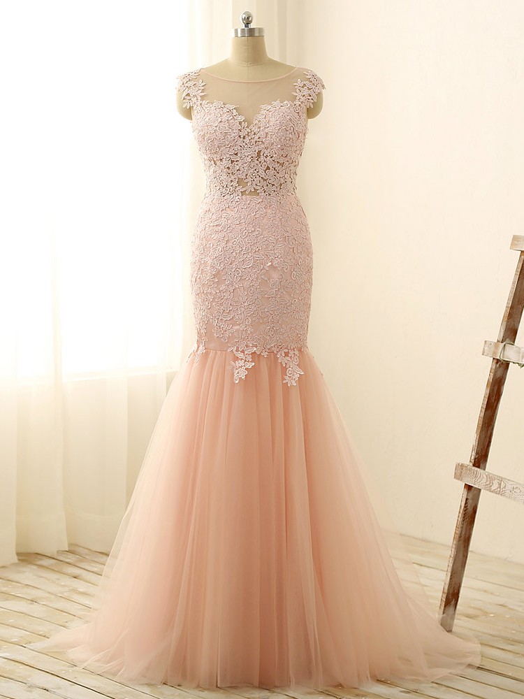 open lace back dress Pink Tulle Prom Dress Princess Sweetheart Straps Floor-Length, Lace main image 0