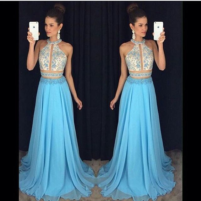 Evening Dresses, Prom Dresses,prom Dresses,prom Dress,lace-appliques Sweep-train Chiffon Halter Newest Sleeveless A-line Prom Dress