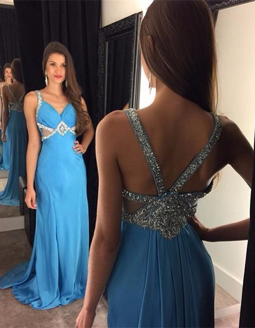  Evening Dresses, Prom Dresses,Party Dresses,Prom Dresses,Prom Dress,Blue Chiffon Prom Dresses ,2017 Sleeveless Crystals Long Evening Gowns