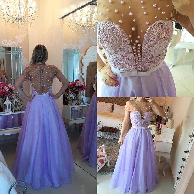 Evening Dresses, Prom Dresses,party Dresses,prom Dresses,modest Prom Dresses,sexy Prom Dress,short Sleeve Lavender Lace Prom Dress With