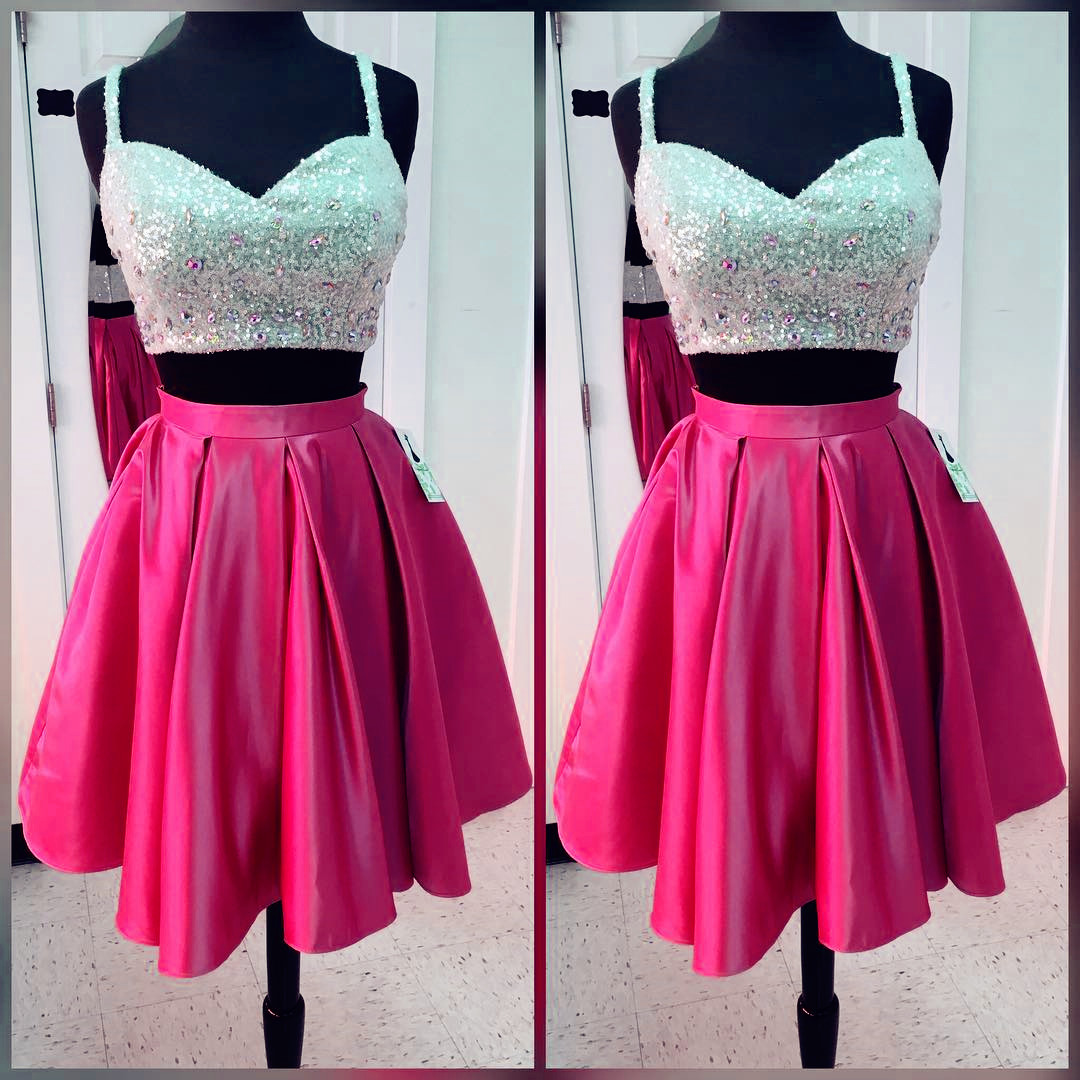 Party Dresses,homecoming Dresses,women's Party Dresses,short Satin Two Piece Homecoming Dresses With Sequin Top,sparkly Prom Gowns,short