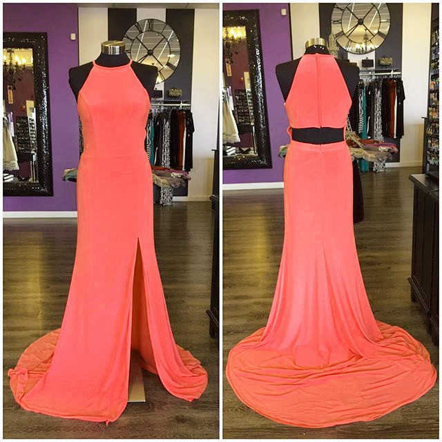 Evening Dresses, Prom Dresses,party Dresses, Prom Dress,modest Prom Dress,long Jersey Coral Pink Mermaid Prom Dresses With Slit 2017 Sexy