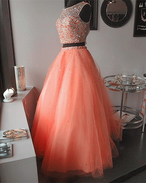 Evening Dresses, Prom Dresses,party Dresses, Prom Dress,modest Prom Dress,coral Pink Two Piece Ball Gowns Quinceanera Dresses With Crystal