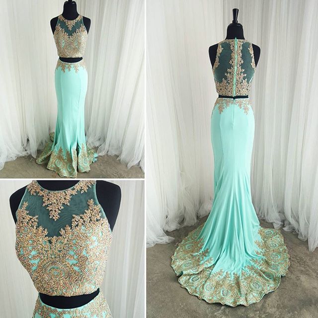 Evening Dresses, Prom Dresses,party Dresses,mint Prom Dresses, Gold Lace Appliques Mermaid Formal Evening Gowns, Elegant Two Piece Prom Dresses