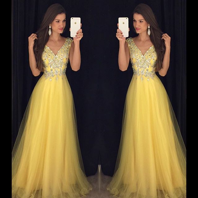 Evening Dresses, Prom Dresses,party Dresses, Prom Dress,modest Prom Dress,deep V Neck Long Yellow Prom Dresses 2017 Cap Sleeves Evening Gowns