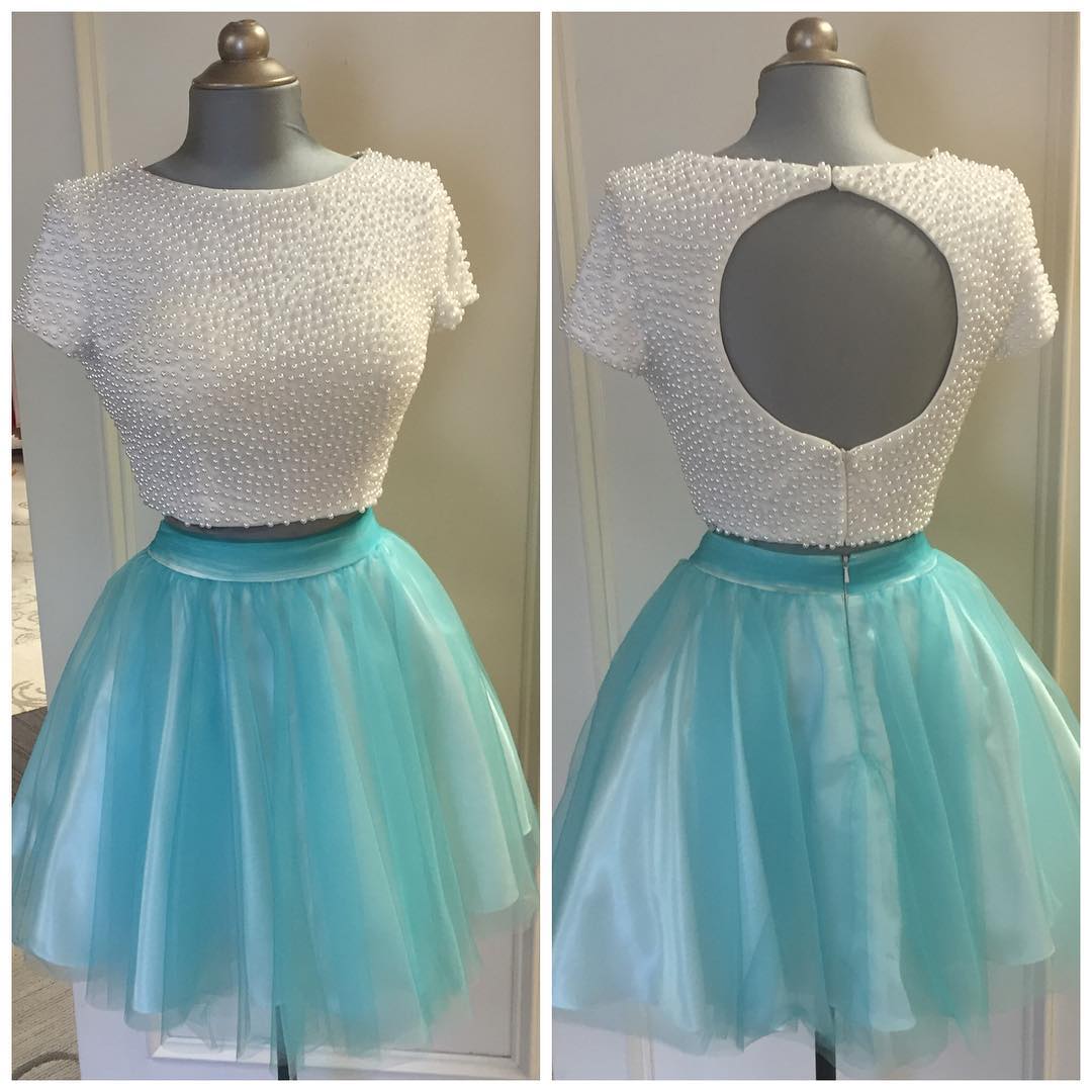 Pearl Beaded Homecoming Dresses,two Piece Homecoming Dresses,turquoise Party Dress,short Prom Dresses 2017,homecoming Dresses