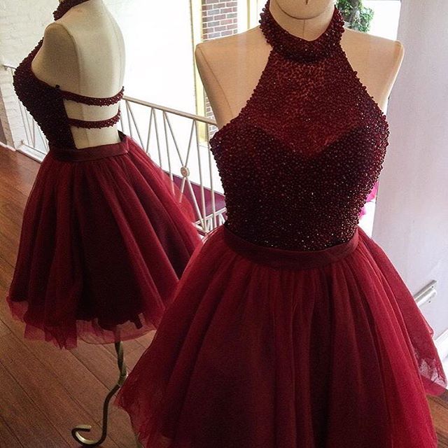 Burgundy Homecoming Dresses,short Prom Dresses,halter Prom Gowns,sparkly Dress,semi Formal Dress,beaded Prom Dress,homecoming Dresses