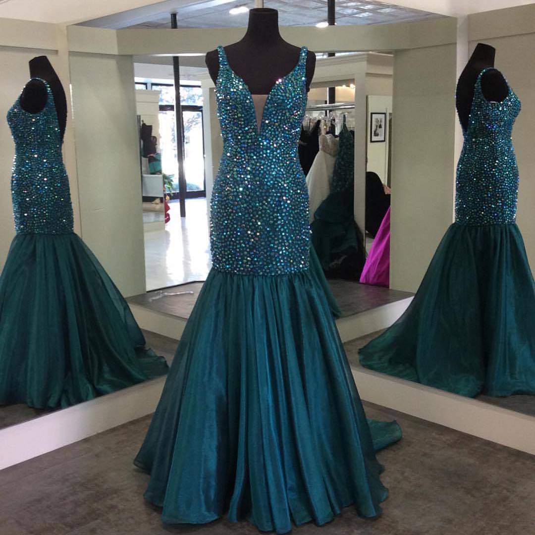 Evening Dresses, Prom Dresses,party Dresses,v Neck Crystal Beaded Mermaid Prom Dresses 2017 Sparkly Gowns 2017,glitter Prom Gowns