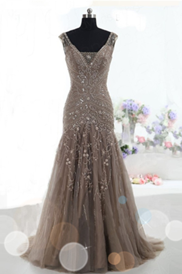 Evening Dresses, Prom Dresses,party Dresses,prom Dress, Prom Dresses, Mermaid Lace Up Prom Dresses,brown Tulle Prom Gowns,modest Beading Prom