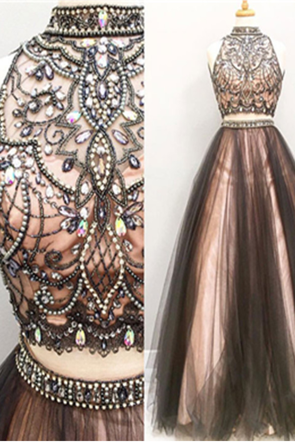 Evening Dresses, Prom Dresses,party Dresses,prom Dress, Prom Dresses, Two Pieces Prom Dresses,a-line Tulle Prom Gowns,halter Beading Evening