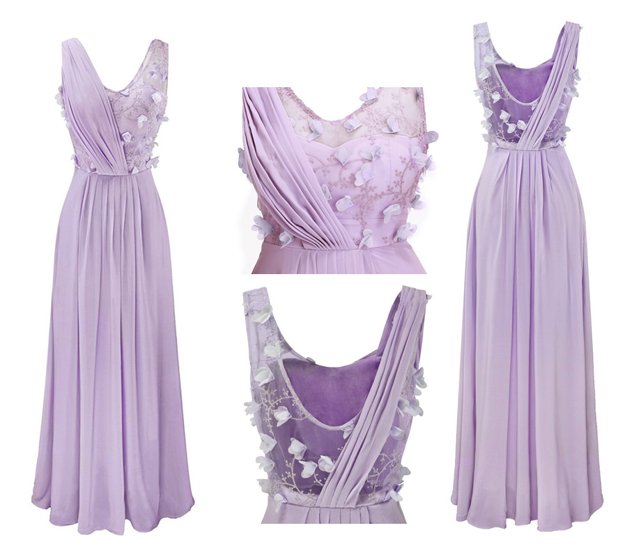 ,Lilac Sleeveless A-Line Long Chiffon Bridesmaid Dress with Floral Appliques Prom Dress 2025