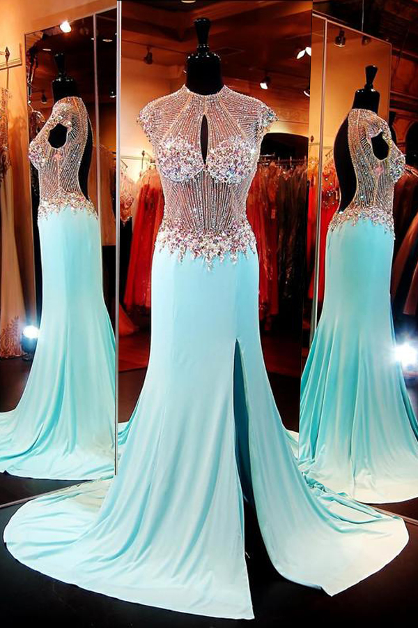  Evening Dresses, Prom Dresses,Party Dresses,Mermaid Prom Dresses, Luxuriours High Neck Baby Blue Split Open Back Sweep Train Prom Dress with Beading