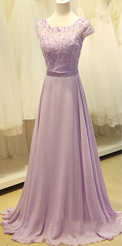 Evening Dresses, Prom Dresses,party Dresses, Prom Dress,modest Prom Dress,cap Sleeve Light Purple Long Chiffon Prom Dress A Line Party Dresses
