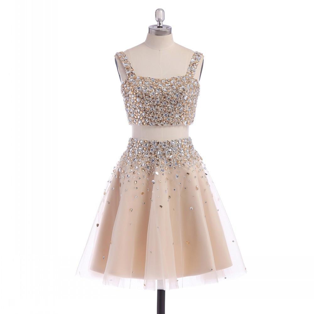 Rhinestone Embellished Short Two-Piece Homecoming Dress Featuring Spaghetti Strap Crop Top and Tulle A-Line Skirt