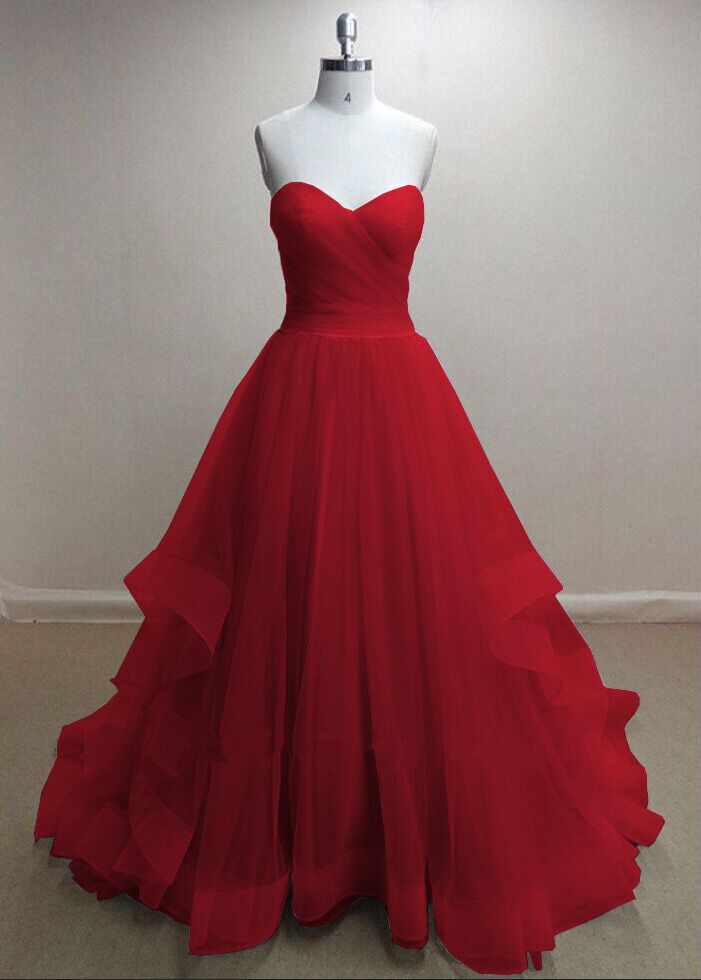 Evening Dresses, Prom Dresses,party Dresses,pretty Handmade Tulle Red Sweetheart Long Prom Dresses, Red Prom Gowns, Tulle Formal Dresses