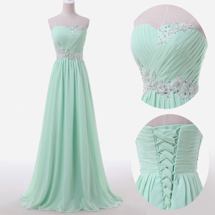 Evening Dresses, Prom Dresses,party Dresses,mint Long Chiffon A-line Prom Dress Featuring Ruched Sweetheart Bodice With Lace Appliqués, Beaded