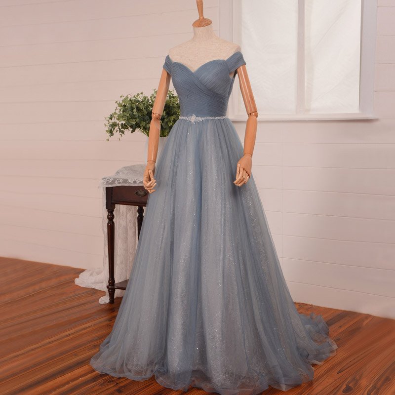 Off-the-shoulder Floor Length Tulle Ball Gown Featuring Beaded Embellished Belt, Formal Dress, Prom Dress