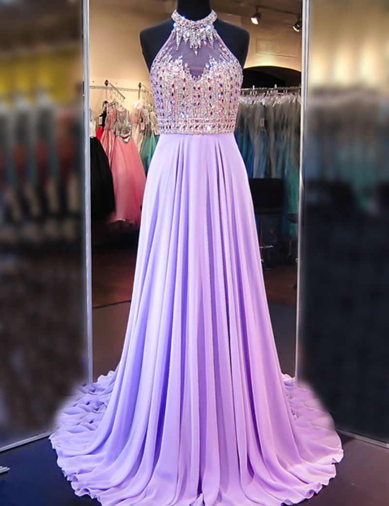 Evening Dresses, Prom Dresses,party Dresses,a Line Cowl Neck Sleeveless Long Pleated Beaded Lilac Prom Dress Open Back Prom Dresses