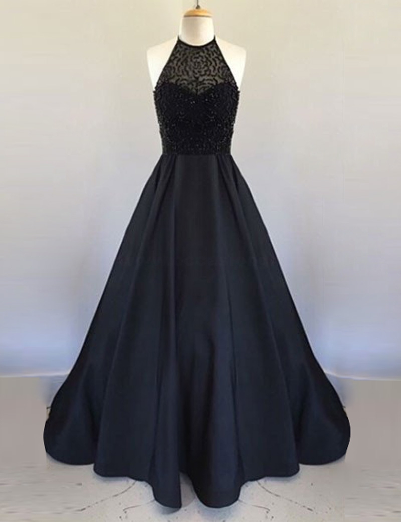 Evening Dresses, Prom Dresses,party Dresses,prom Dresses,prom Dresses,a Line Halter Floor Length Black Pleated Prom Dress With Beading