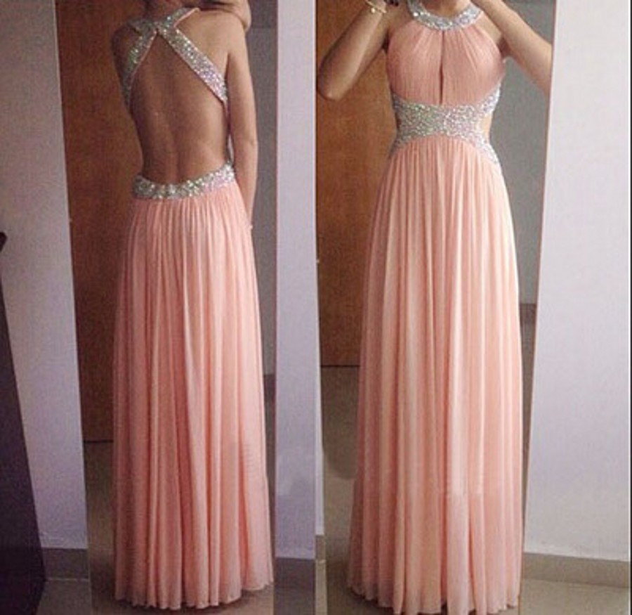 Prom Dresses,evening Dress,party Dresses,pink Chiffon Prom Dresses,beading Prom Dress,a-line Open Back Prom Gowns,long Prom Dresses Elegant Party