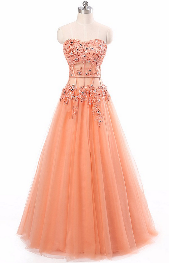Coral Beaded Embellished Floor Length Tulle Prom Gown Featuring Corset Inspired Bodice And Sweetheart Neckline
