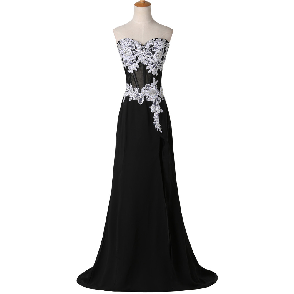 Black Floor Length High Split Chiffon Prom Dress Featuring Lace Appliqués Sweetheart Bodice