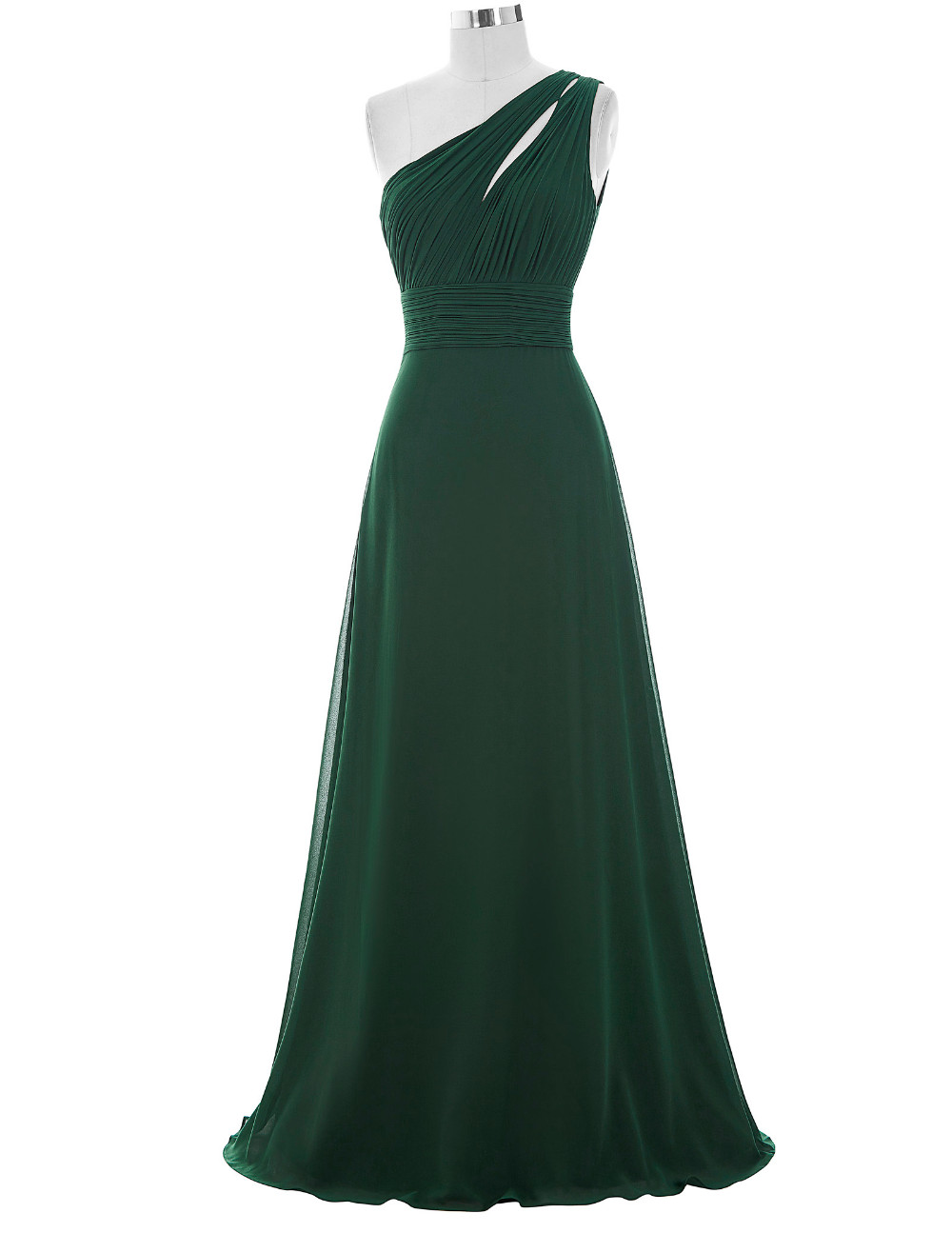 Forest Green Floor Length Chiffon A-line Evening Dress Featuring Ruched One Shoulder Bodice With Cutout Detailing