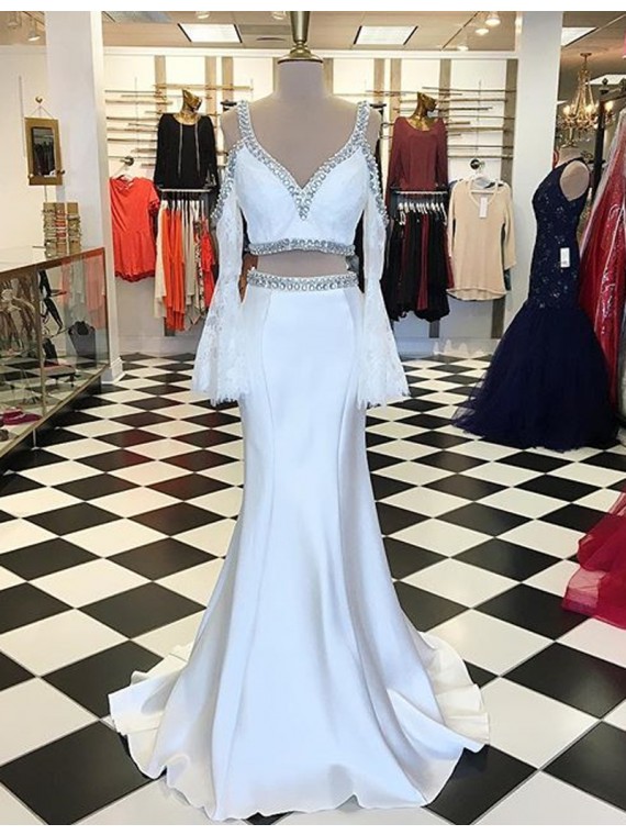 Prom Dresses,evening Dress,party Dresses,elegant White V-neck Long Sleeves Floor-length Mermaid Prrom Dress With Beading Lace