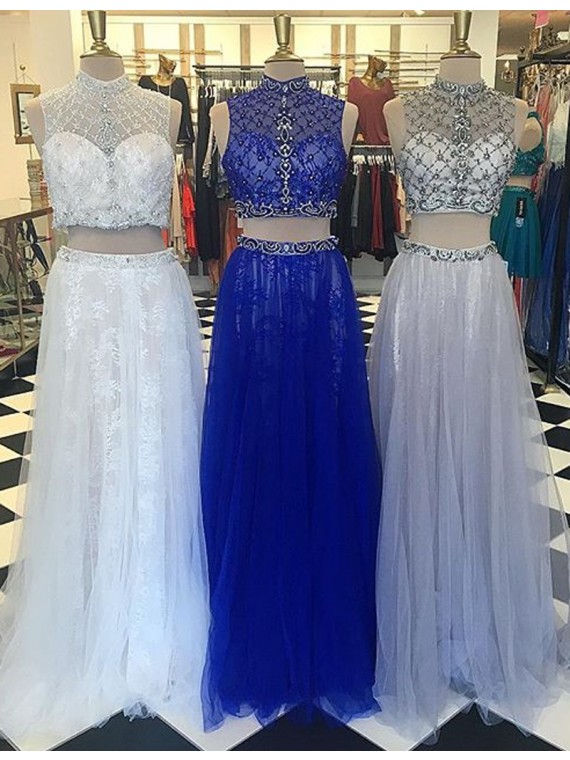 Prom Dresses,evening Dress,party Dresses,modern High Neck Floor-length Two Piece Prom Dress With Lace Beading